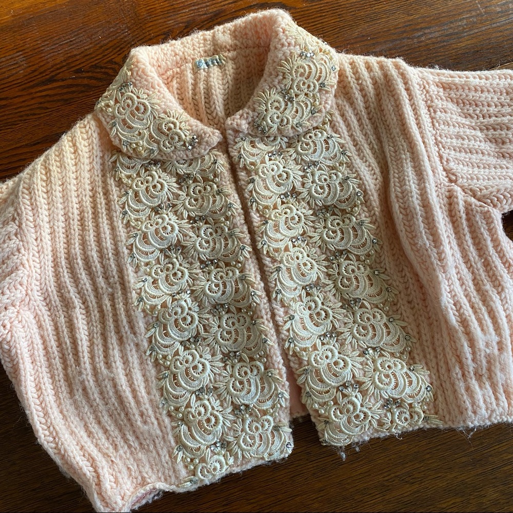 Vintage Burdine’s Fashions Pale Pink Cardigan Sweater Rhinestones Appliqué